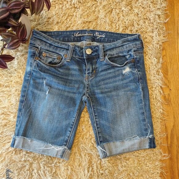 American Eagle Distressed Midi Jean Shorts - Picture 1 of 5